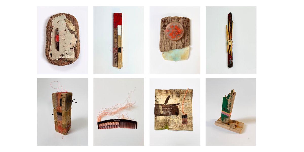 The image shows a range of 3D wall art, sculpture and assemblage made from found objects such as seaweed, wood, rope, twigs and plastic by Leeds based artist, Jane L Wood - objet trouvé