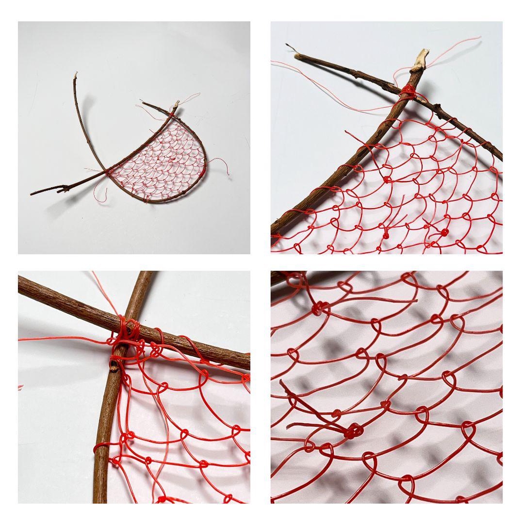 3D wall art - Sculpture and assemblage. Abstract art hand made from found objects and materials.

Image shows looped net made from orange thread tied toa frame made from twigs.

The image shows orange thread looped around two tied twigs to create a loose net.