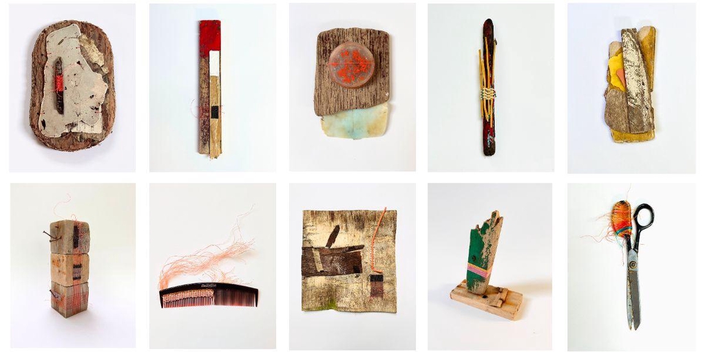 The image shows a range of 3D wall art, sculpture and assemblage made from found objects such as seaweed, wood, rope, scissors, comb and plastic by Leeds based artist, Jane L Wood - objet trouvé