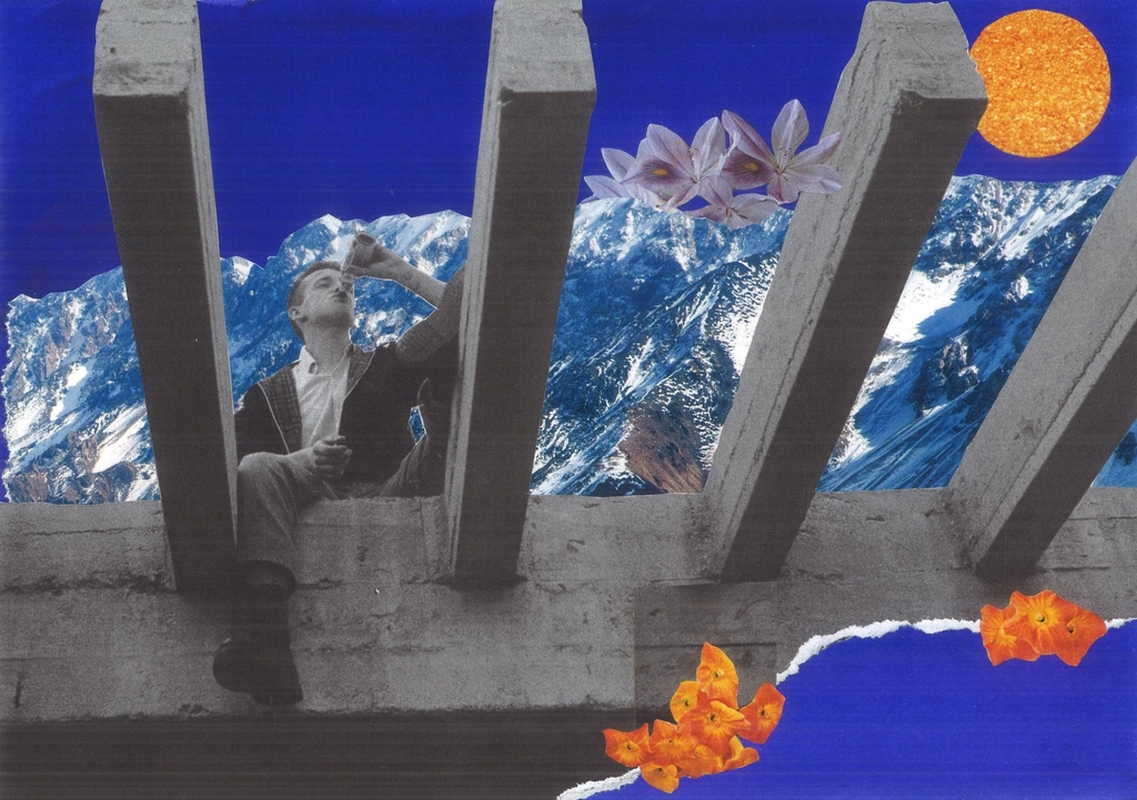 Collage papier original combinant paysage de montagne et fleurs colorées, pièce unique réalisée par Clémentine Chapron