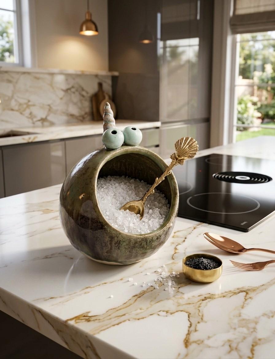 Saleiro de mesa artesanal em cerâmica com flor de sal e colher de latão – Forma da terra