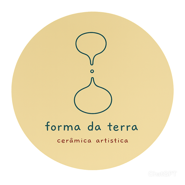 Logótipo circular verde escuro com ilustração de traço dourado fino representando uma gota de água e forma orgânica para Forma da terra Cerâmica