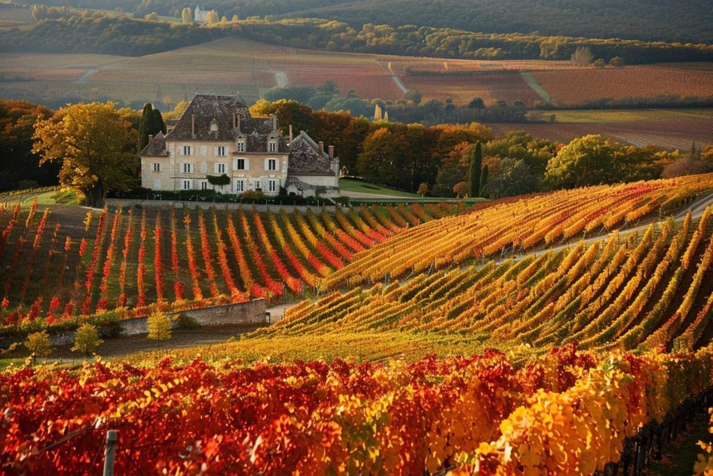Paysage de vignes aux couleurs flamboyantes d'automne entourant une demeure traditionnelle en Bourgogne, illustrant la fin d'un cycle naturel avant le sauvetage des ceps par JE 2 SEVES.