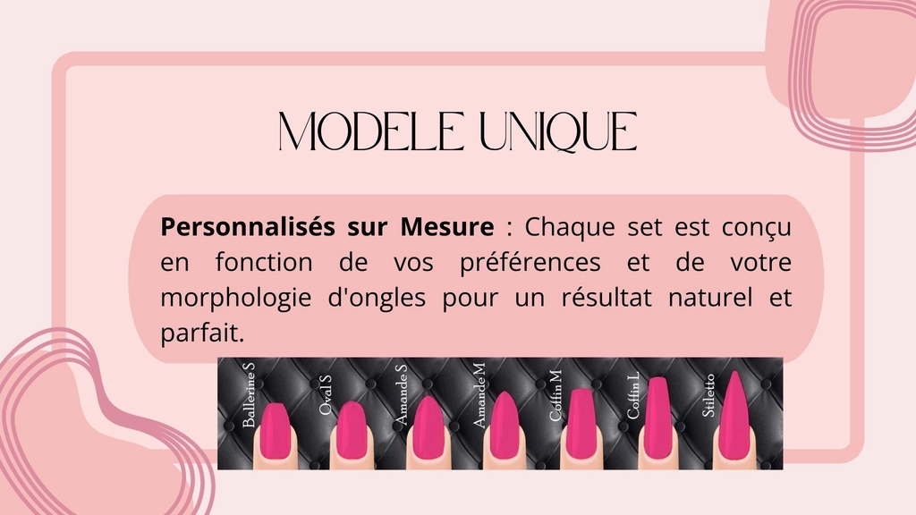 Pourquoi Choisir une Prothésiste Ongulaire à Caen ?
En tant que prothésiste ongulaire expérimentée à Caen, je mets mon savoir-faire à votre service pour vous garantir des ongles press on de qualité supérieure, entièrement personnalisés. Mon expertise dans l'art de la pose d'ongles et ma passion pour le design me permettent de créer des modèles uniques qui répondent parfaitement à vos attentes.

Comment ça Fonctionne ?
Personnalisation : Choisissez vos couleurs, motifs et formes préférées.
Fabrication sur Mesure : Je prépare vos press on nails selon vos mesures et vos envies.
Livraison : Vous recevez vos ongles prêts à poser, avec des instructions simples pour une application facile à la maison.
Les Avantages des Press On Nails :
Gain de Temps : Plus besoin de passer des heures chez le manucure, vos ongles sont prêts à poser dès la réception.
Confort et Qualité : Nos ongles sont fabriqués avec des matériaux de qualité, garantissant durabilité et confort.
Personnalisation : Vous êtes unique, vos ongles le seront aussi !
Ne laissez pas le manque de temps ou les règles professionnelles vous empêcher d’avoir des ongles élégants et soignés. Découvrez notre collection de press on nails personnalisés et faites briller vos mains sans effort.

Contactez-nous dès maintenant pour une consultation personnalisée et bénéficiez de conseils d’experte pour choisir vos press on nails parfaits ! Livraison rapide à Caen et dans toute la France.