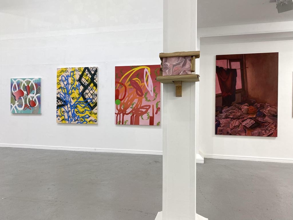 Artworks by Ellen Ranson, Allyson Keehan and Lee Maelzer installed at Thames-side Gallery for the Contemporary British Painting Prize 2023