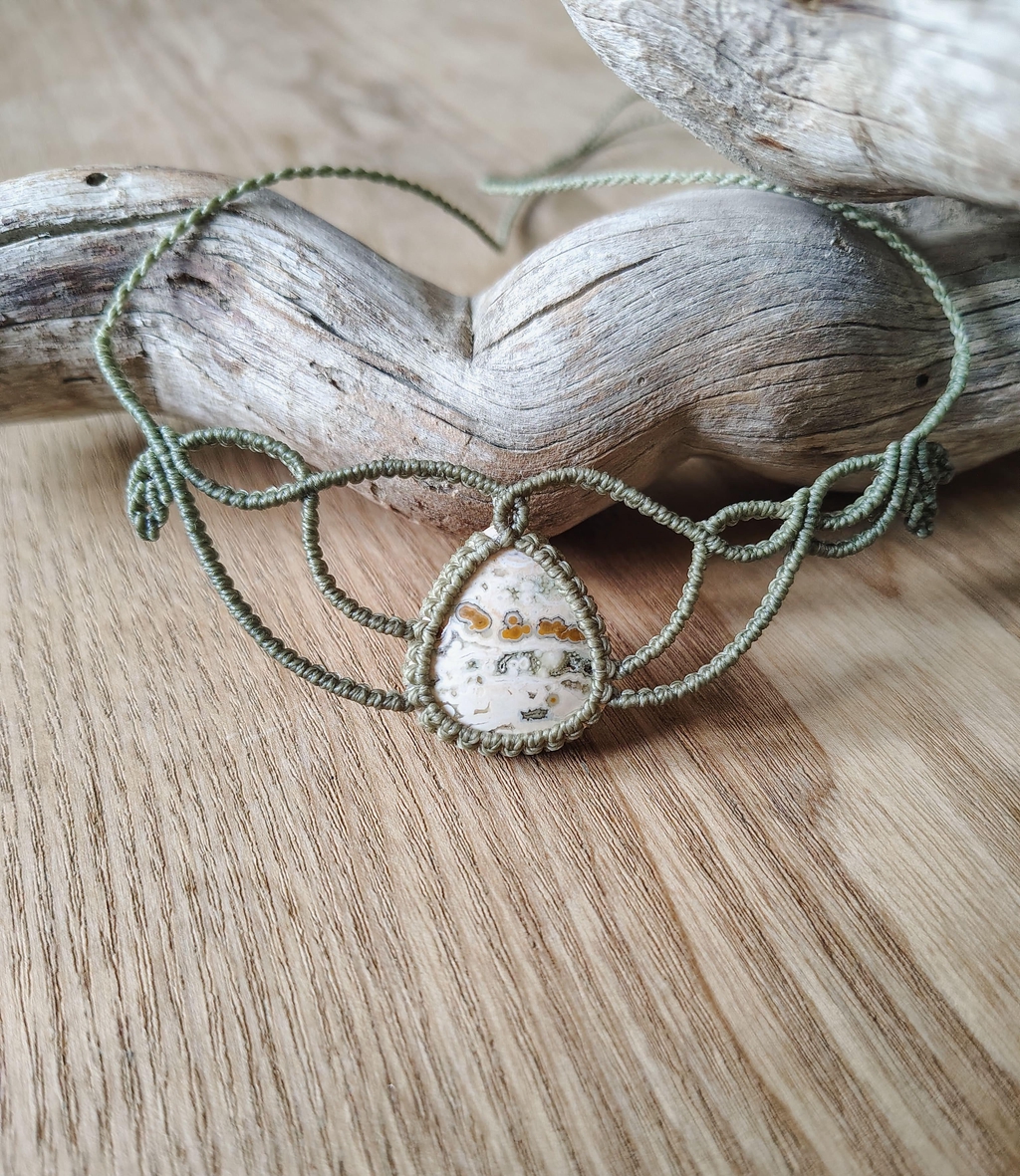 Collier micro-macramé jaspe orbiculaire pierre naturelle