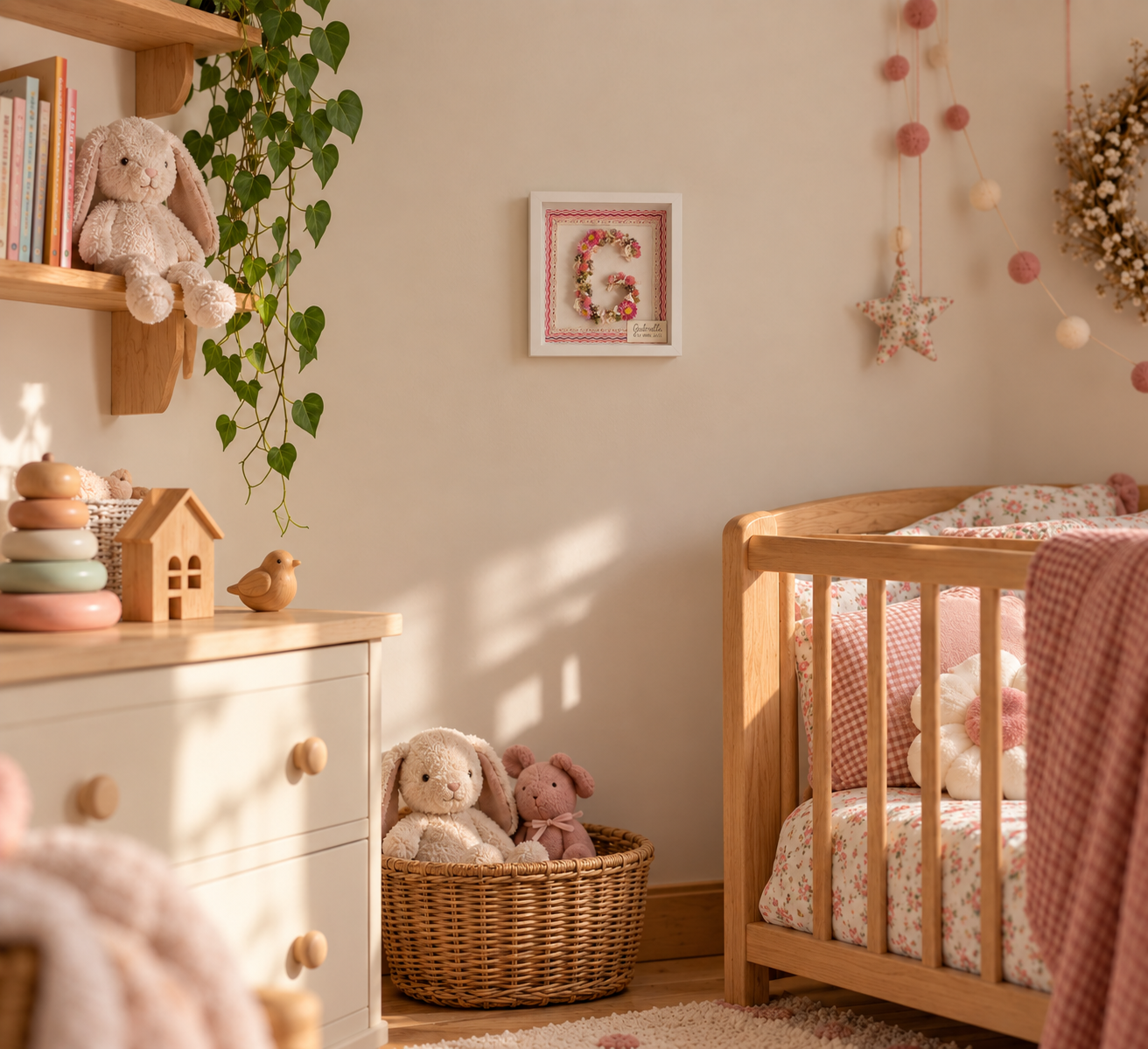 les créations en fleurs séchées sous cadre de Brins de Mélisse dans une chambre de bébé font un cadeau de naissance personnalisé.