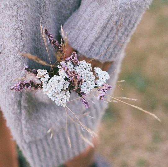 Les fleurs sauvages dans une poche de veste en laine lila