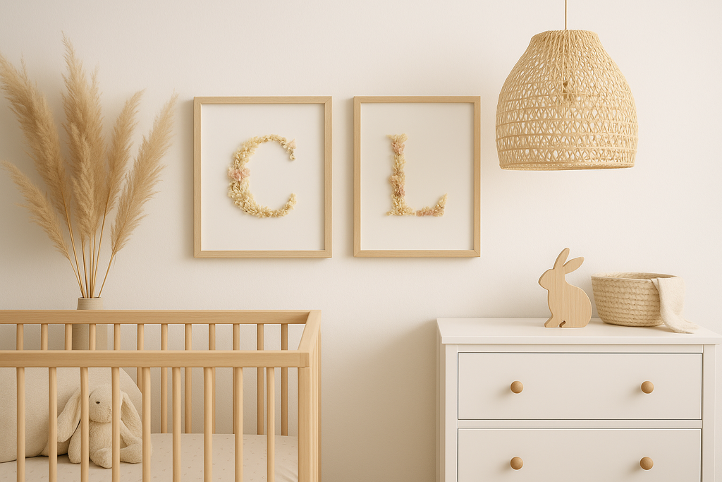 les créations en fleurs séchées sous cadre de Brins de Mélisse dans une chambre de bébé font un cadeau de naissance personnalisé.