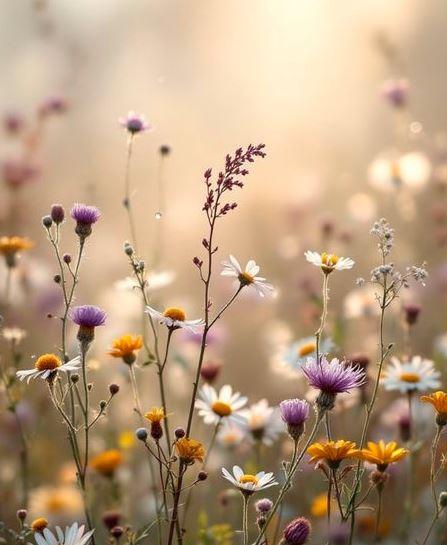 des fleurs sauvages, rumex marguerites dans les teintes jaune et violet