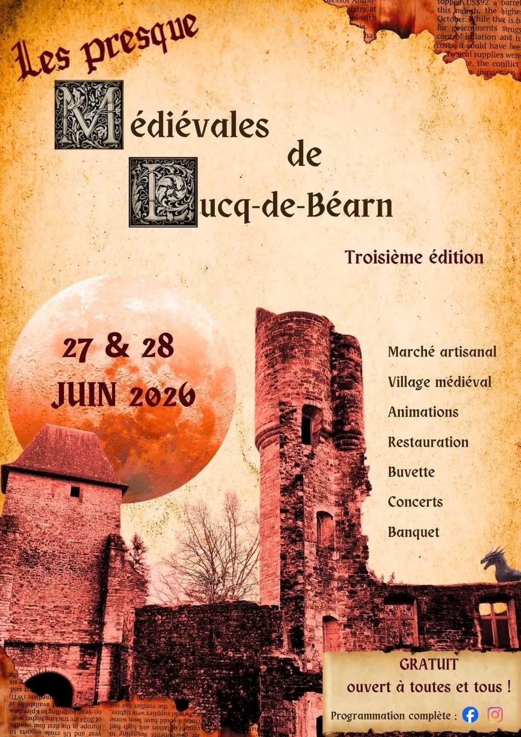 Affiche des Presque Médiévales de Lucq-de-Béarn (64), dans le centre du village. Les 27 et 28 juin 2026.