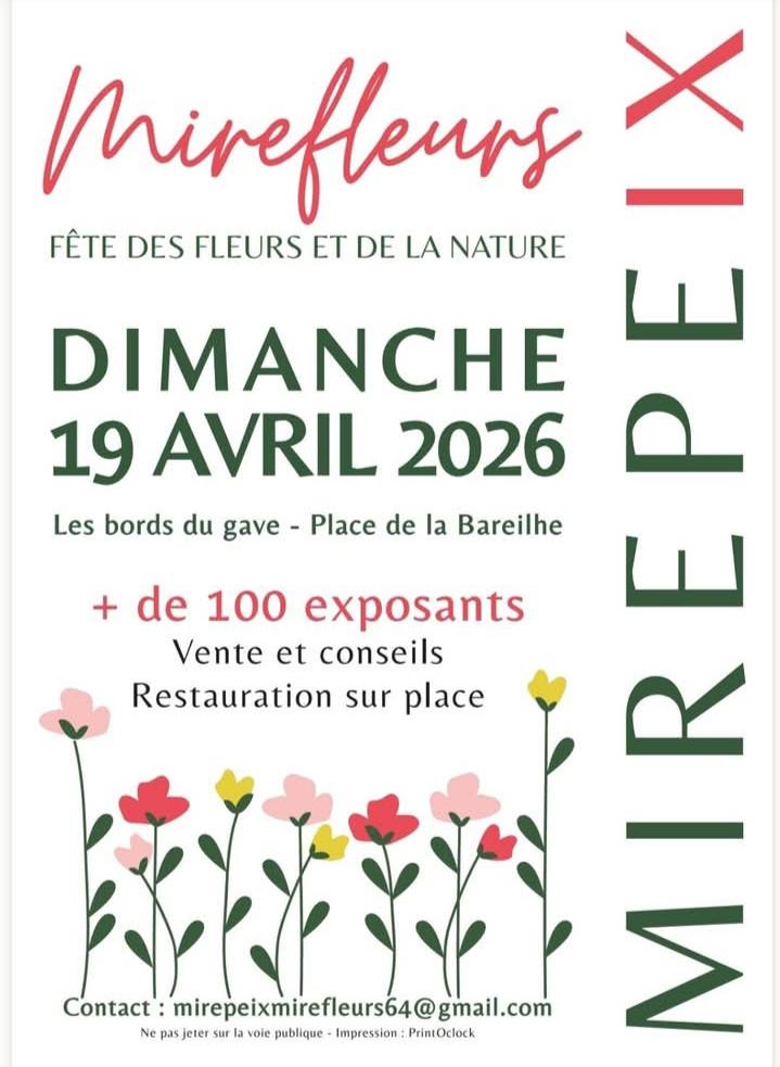 Affiche de la Fête de la Fleur (Mirefleurs) à La Bareilhe à Mirepeix (64), le 19 Avril 2026.