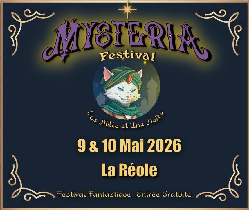 Affiche du Festival Fantastique "Mysteria Festival" de La Réole (33), les 9 et 10 Mai 2026.