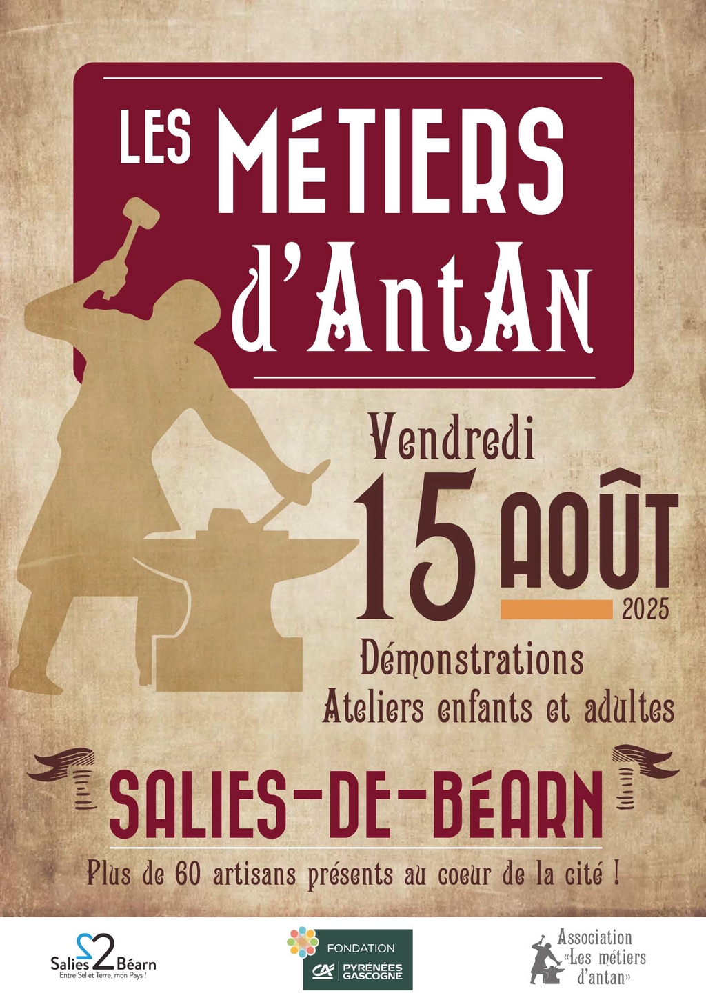 Affiche des Métiers d'Antan dans le centre historique de Salies-de-Béarn (64), le 15 Août 2026.