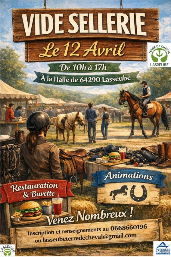 Affiche du Vide Sellerie aux Halles de Lasseube (64) , le 12 Avril 2026.