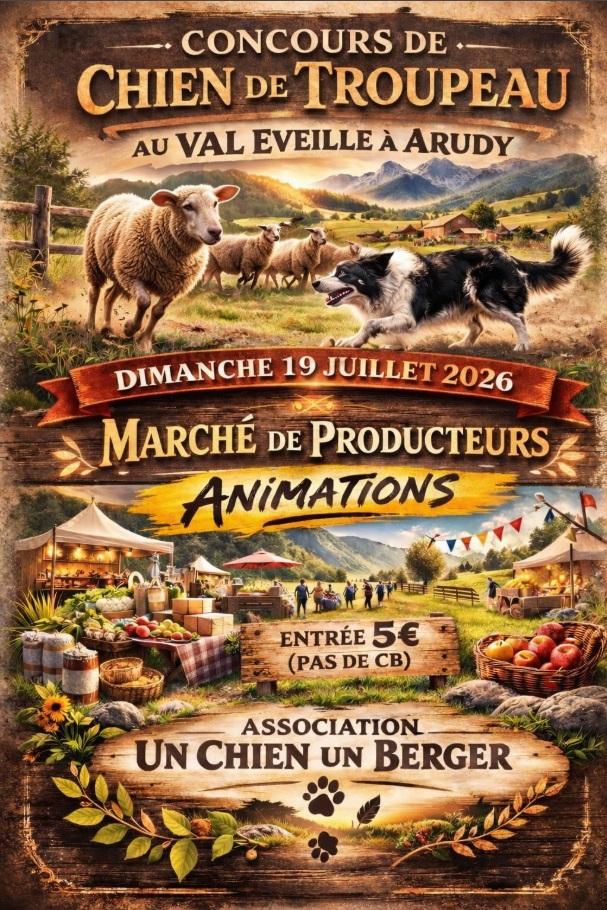 Affiche du Concours de Chien de Troupeau au Val Eveillé d'Arudy (64), le 19 juillet 2026.