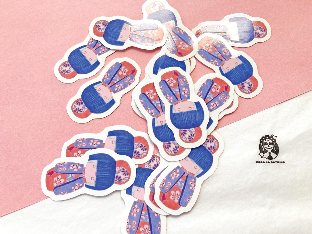 Collection Japon : stickers Poupée Kokeshi, éventail, sushi ball, pâtisserie japonaise, planche de stickers pour journaling, washi tape.
