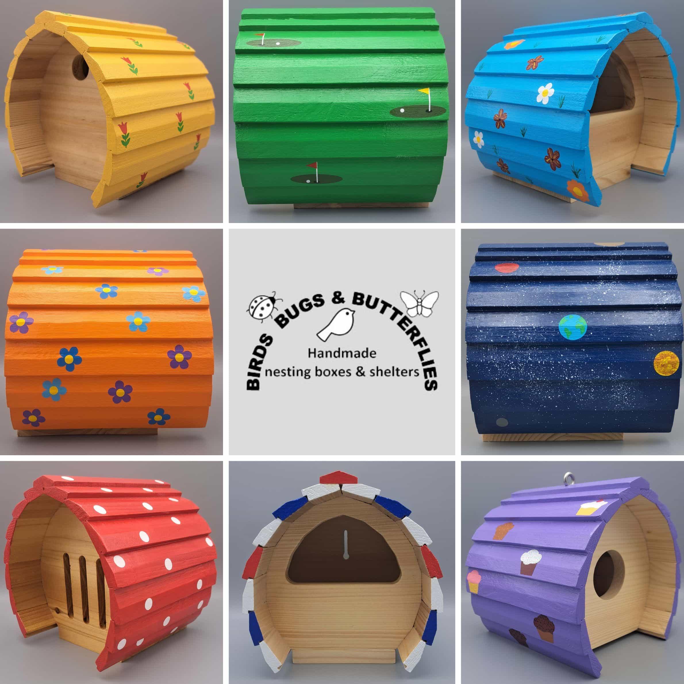 Shop uniquely hand-painted wooden bird nesting boxes, feeders,  bug and butterfly shelters. Add a splash of color to your garden with our vibrant, weatherproof designs.
