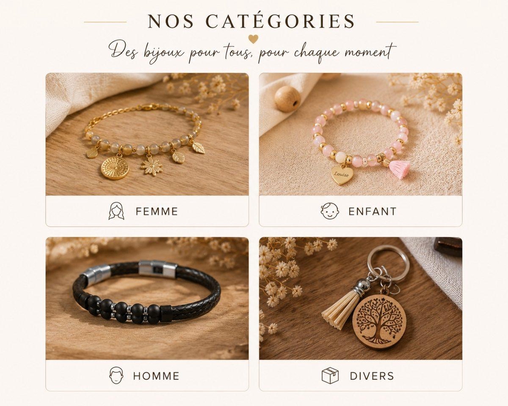 Découvrez notre collection de bijoux fantaisie faits main avec soin. Bracelets personnalisés, créations élégantes, bijoux en perles ou accessoires uniques : chaque modèle est imaginé artisanalement pour accompagner tous les styles et toutes les occasions.
