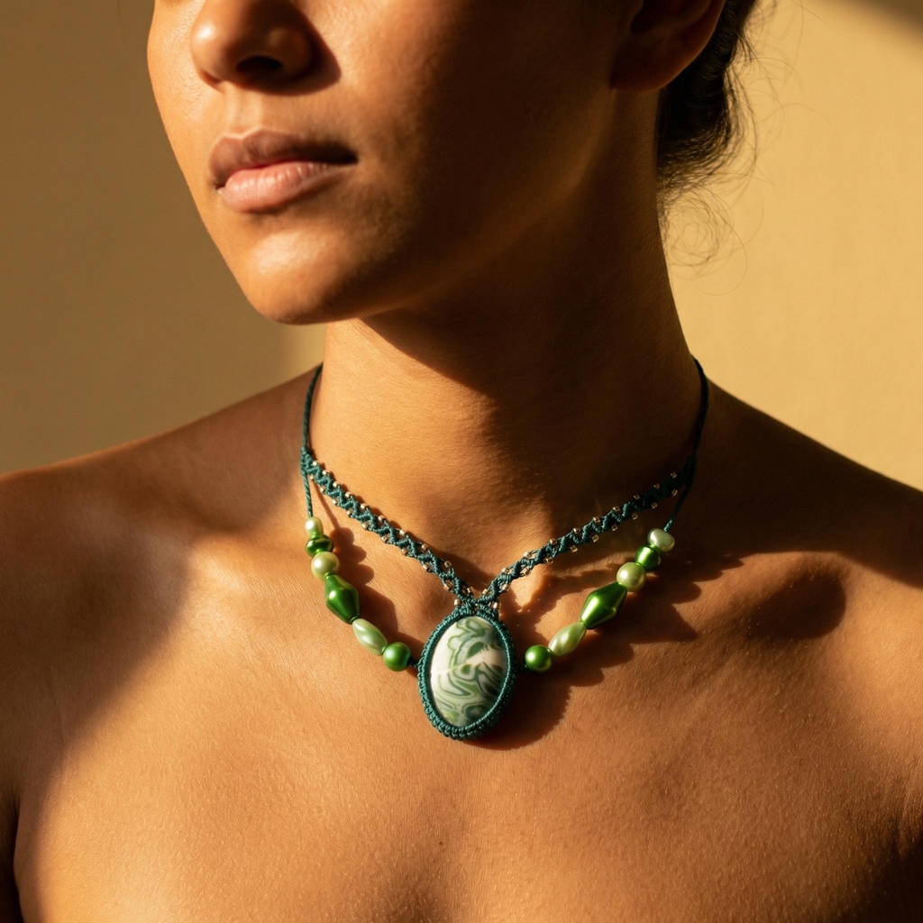 Collier Brocéliande fait main en micro-macramé, couleur vert émeraude avec perles nacrées
