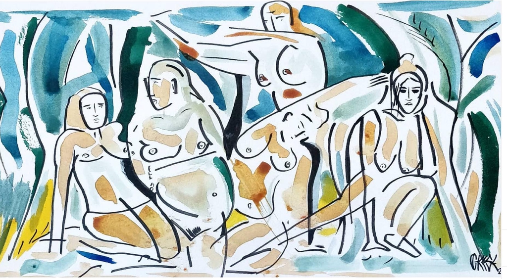 Peinture femmes nues Christoph Haase en bleu et jaune