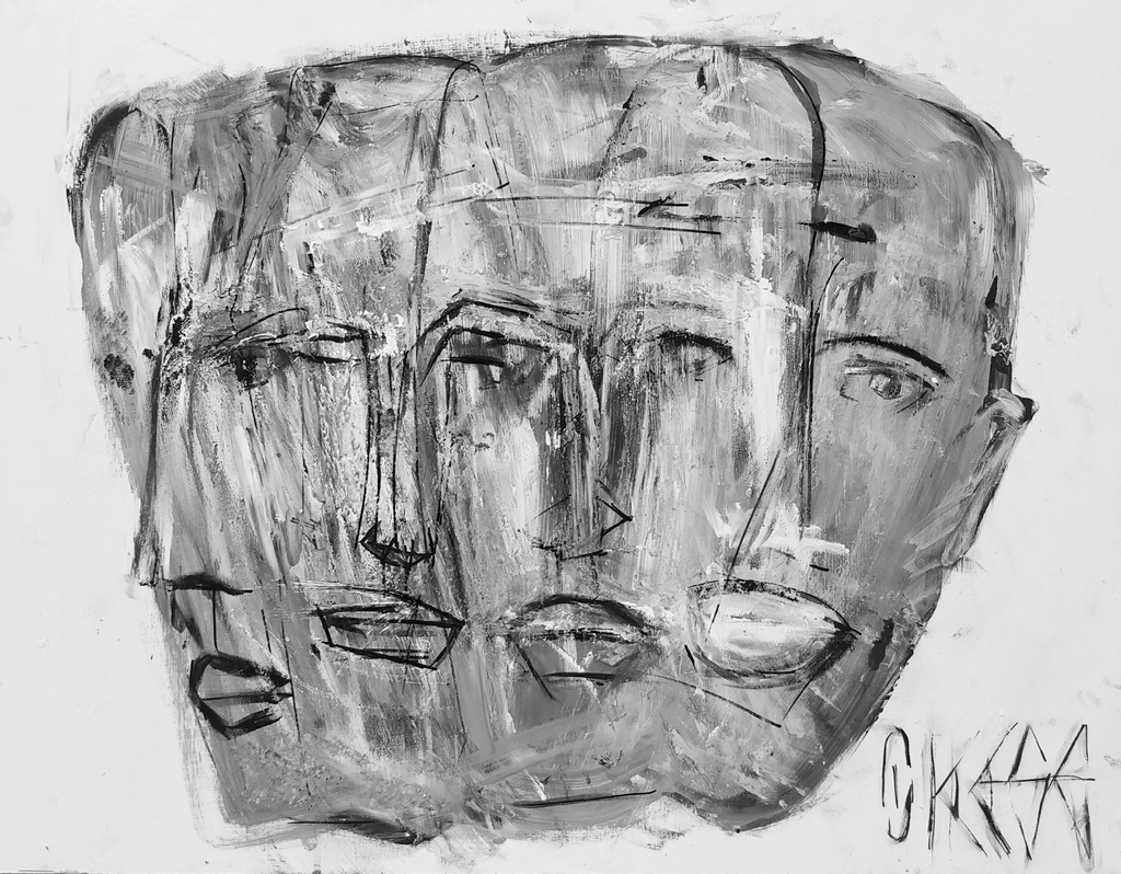 Peinture noire et grise visages humains superposés