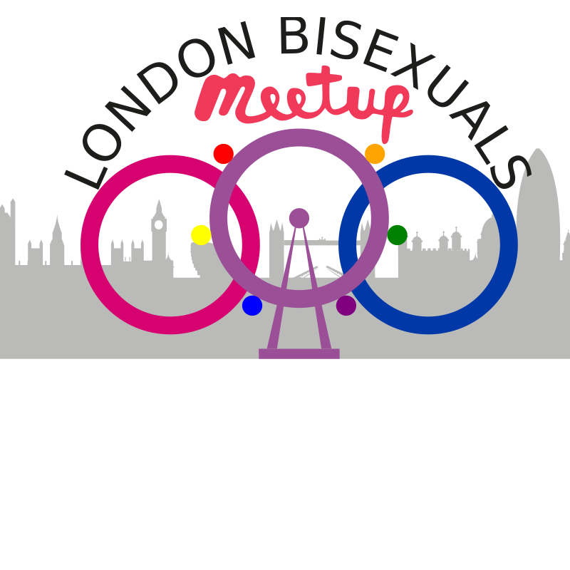 London Bisexuals Meetup logo (city skyline grey background, three intersecting rings in bi flag colours left to right. Group name above them. Middle (purple) ring represents London Eye symbolically, with legs and filled circular dots around it representing the Eye's pods, each in one of the rainbow pride flag colours)