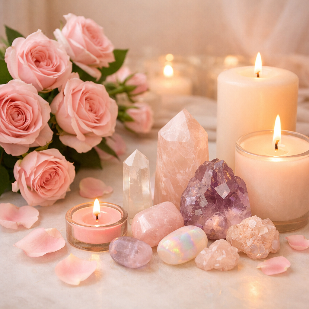 Calming Candles roses and crystals