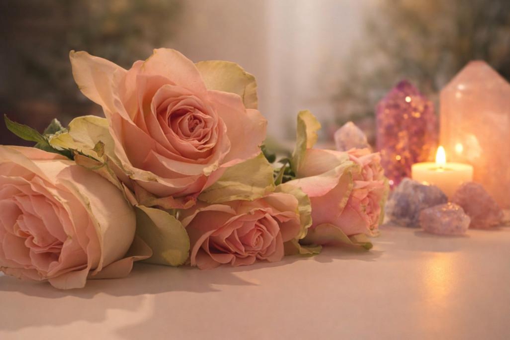 Rosie Rei Healing pink roses candle and crystals