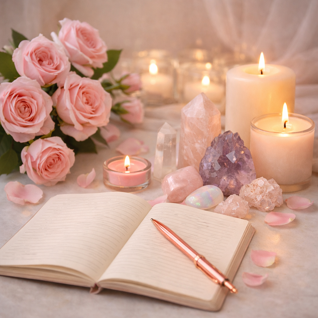 serene roses crystals candles and a diary
