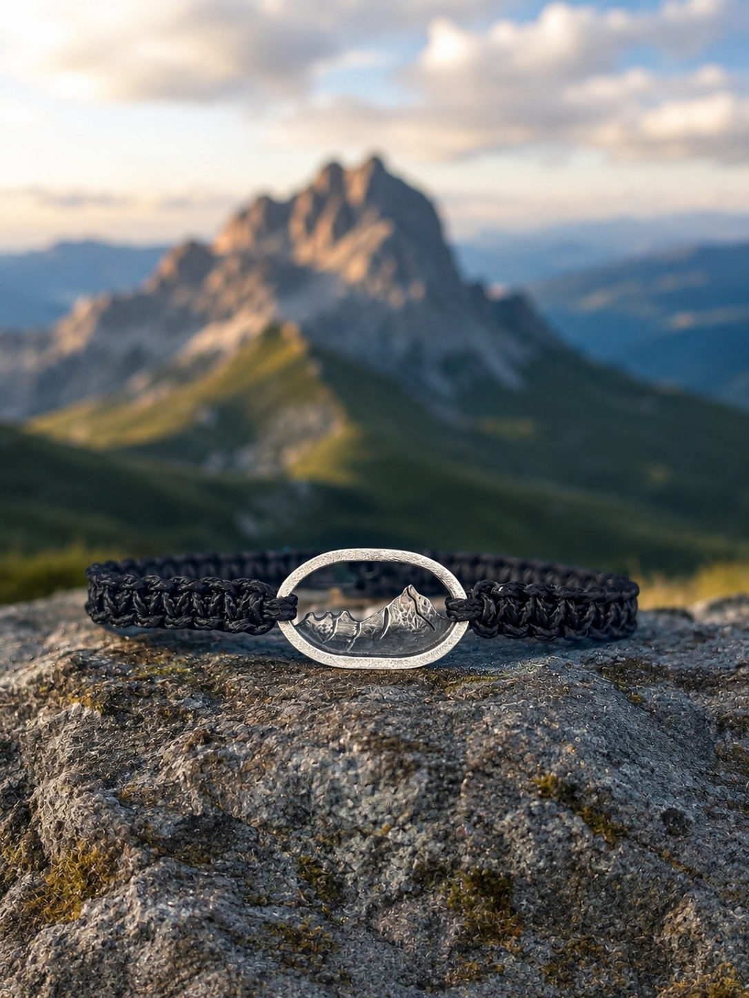 Bracelet pour homme en argent et par accorde qui représente une montagne, il a été réalisé à la main dans mon atelier
