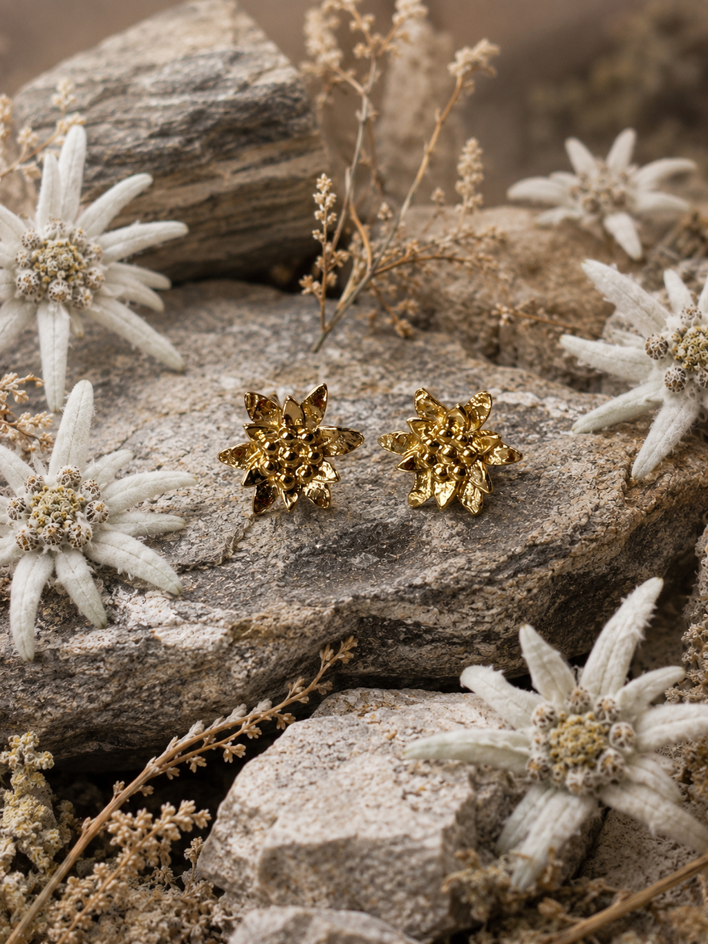 Boucles d’oreilles edelweiss plaqué or pièce unique fabriqué à la main