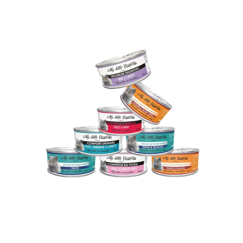 My little festin, pâtées pour chats sans céréales, sans colorant, sans conservateur, poissons, viandes, fruits et légumes 100 naturels 