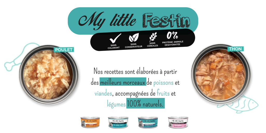 My little festin, pâtées pour chats sans céréales, sans colorant, sans conservateur, poissons, viandes, fruits et légumes 100 naturels 