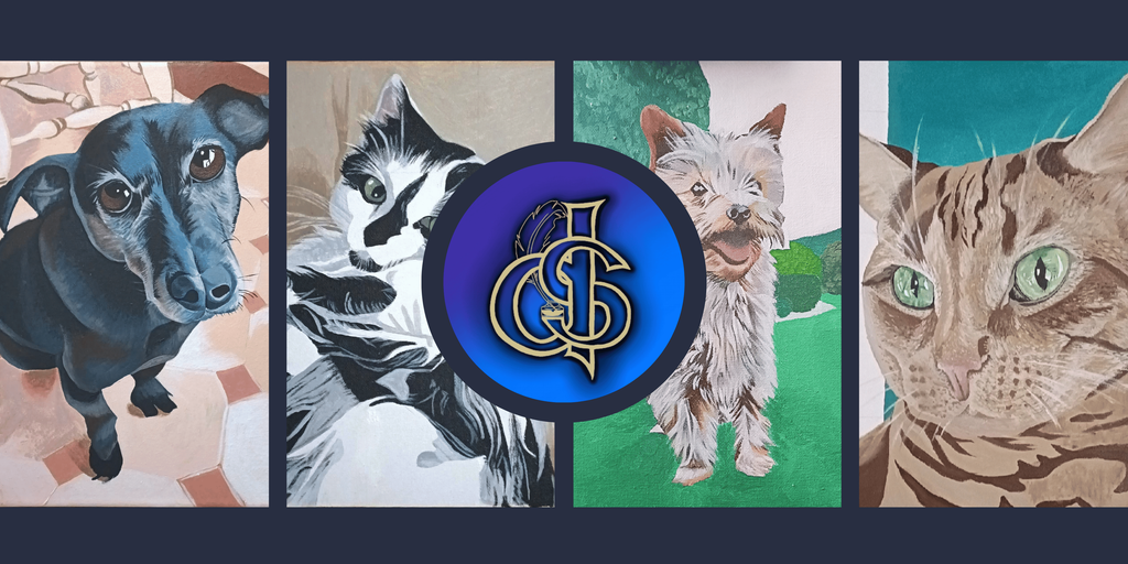 A collage of DS Books acrylic pet portraits