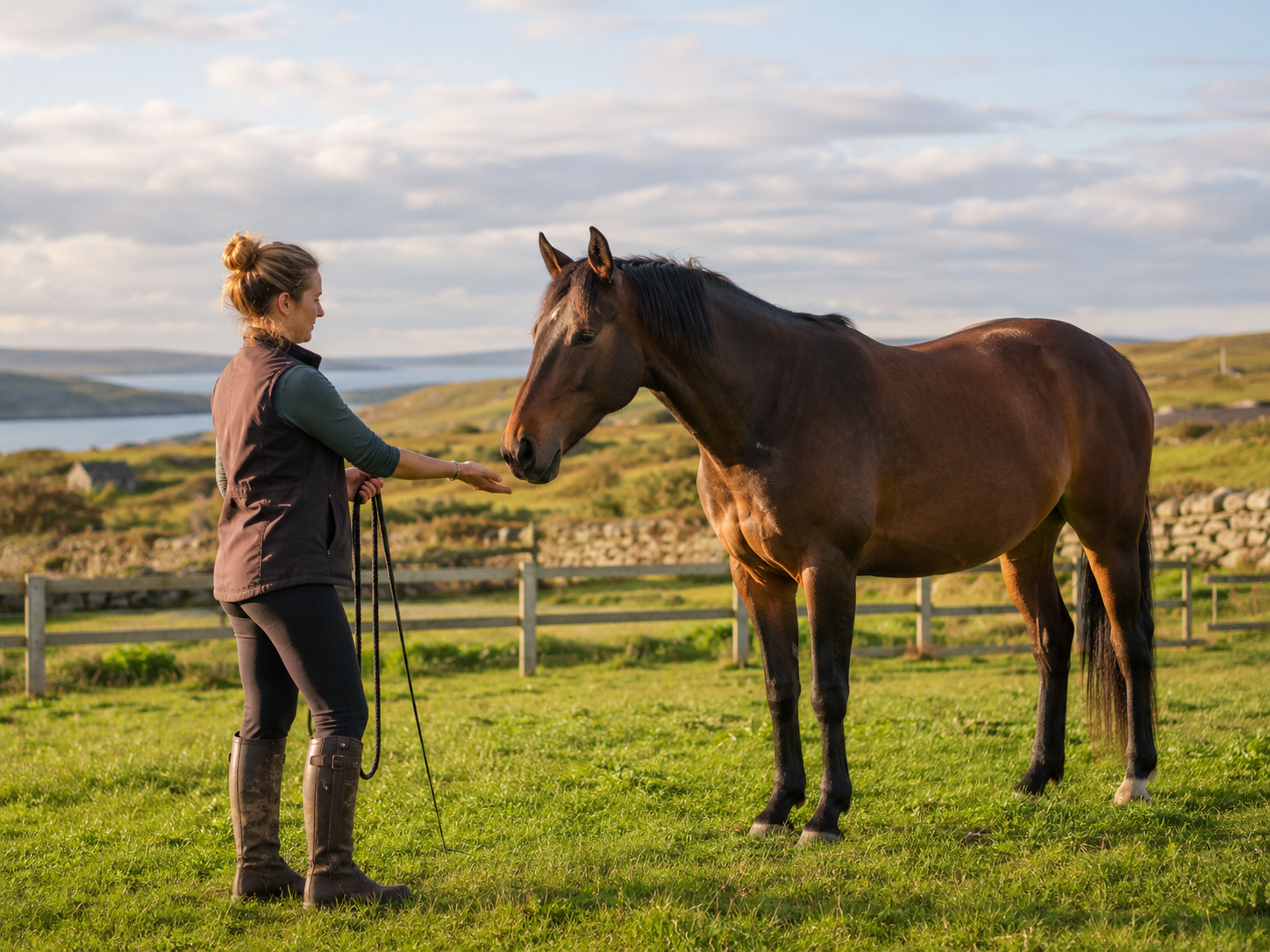 Horse and handler during positive-reinforcement equine training in rural County Mayo