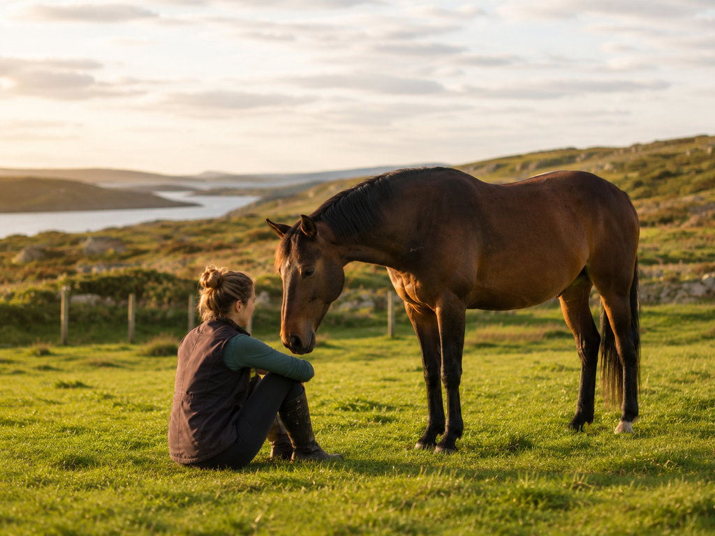 Quiet ground-based equine assisted learning session with a horse in a field