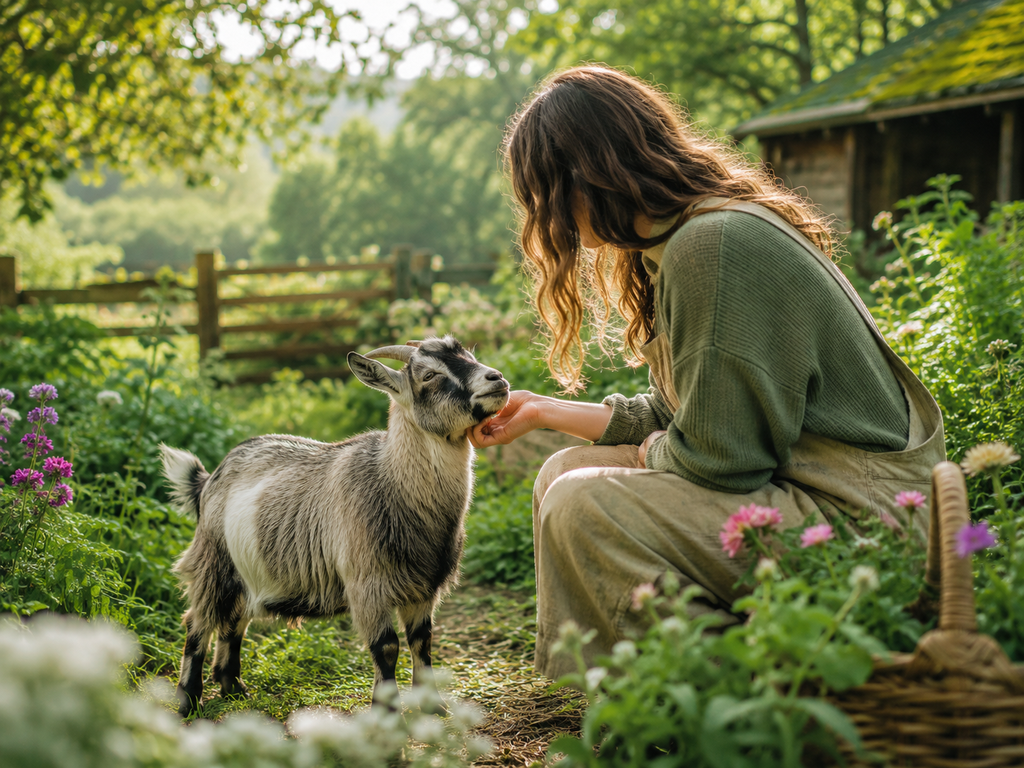 Nature-based Green Care moment with a goat in a garden setting