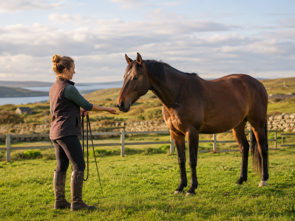 Horse and handler during positive-reinforcement equine training in rural County Mayo