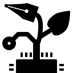 Logo: a stylised plant with three leaves growing out of a circuit board, where one leaf is a through-hole pad, one is a fountain pen nib, and one is a regular leaf.