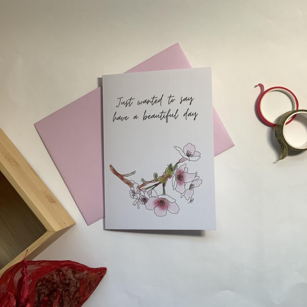 Sweet card for a friend with delicate cherry blossom drawing with watercolor effect