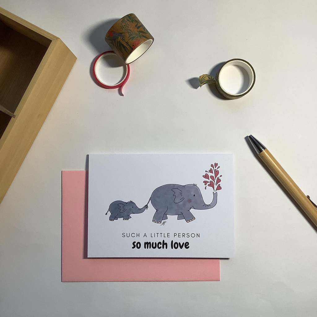 Mother and baby elephant card with fountain of happy hearts