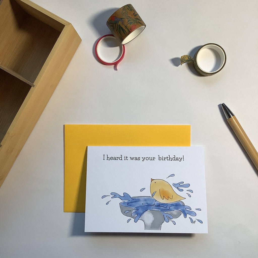 Birthday card for friend with yellow bird in fountain