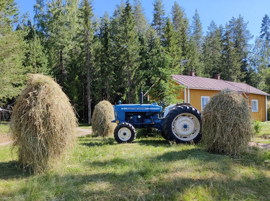 Traktori keskellä heinäseipäitä ja taustalla keltainen talo ja metsää.