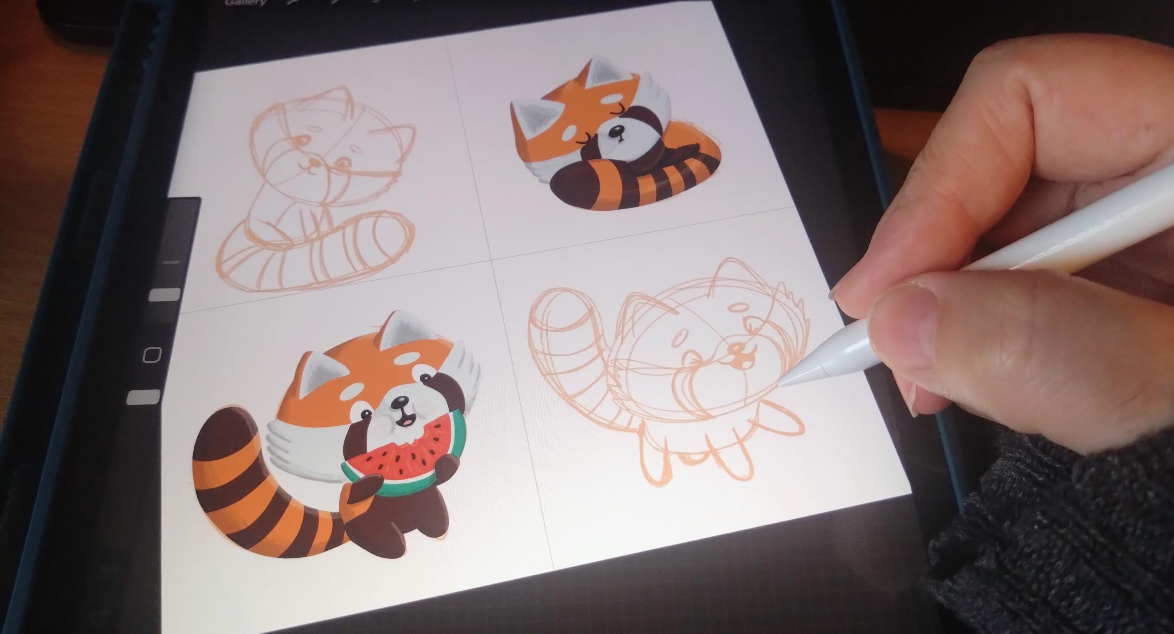 Photo of a work in progress, digital drawings using an iPad and procreate.