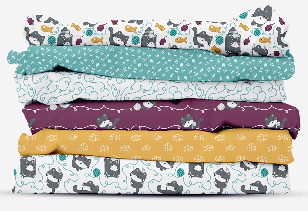 Surface pattern design on fabric, featuring my pet cat mischief collection.
