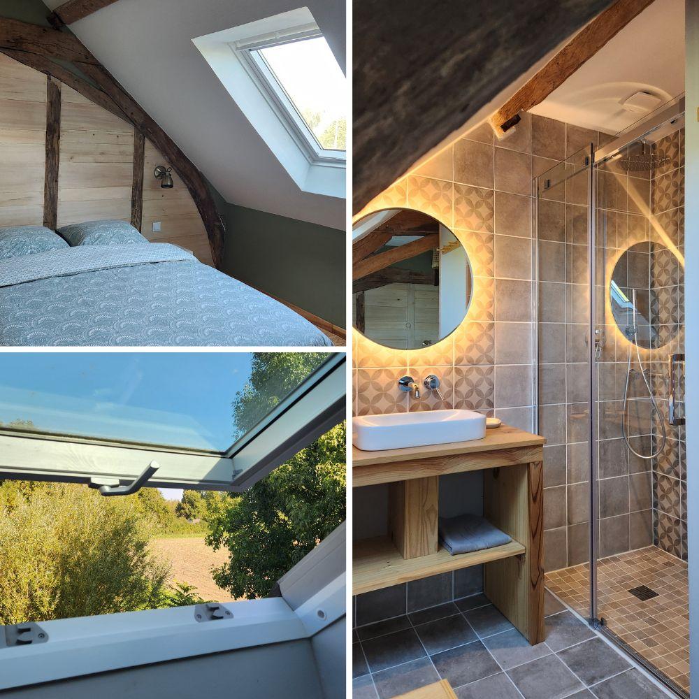 Chambre d’hôtes lumineuse avec fenêtre de toit et vue sur la rivière et la nature environnante