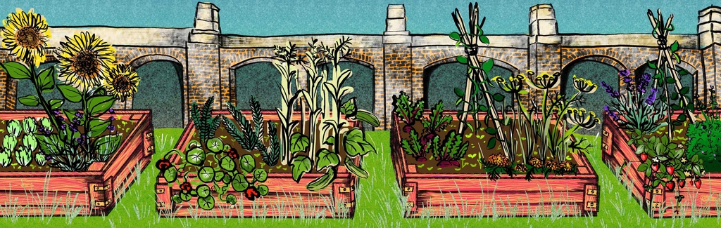 A banner with a brightly coloured digital illustration of raised veg beds bursting with veg against a backdrop of brick arches with the title "The Essence of Nature" in white text over the top of the image. 