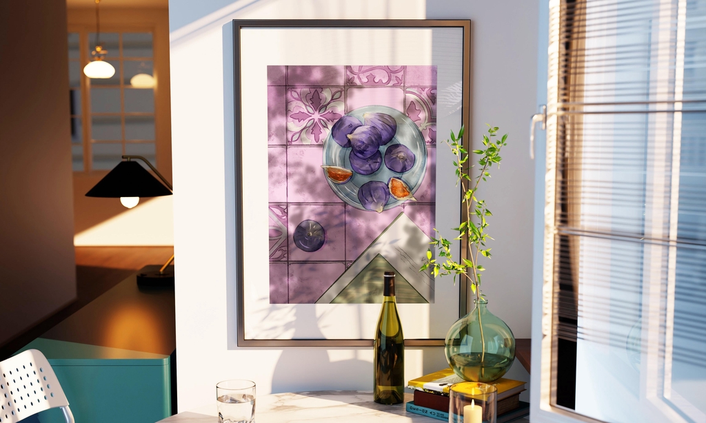 Bannière de la boutique : illustration fine art encadrée suspendue dans une cuisine, mettant en scène des figues aux tons chauds et dorés, dans une ambiance cosy et intimiste — prints d'art originaux sur le thème du quotidien, de la nature et de la gastronomie