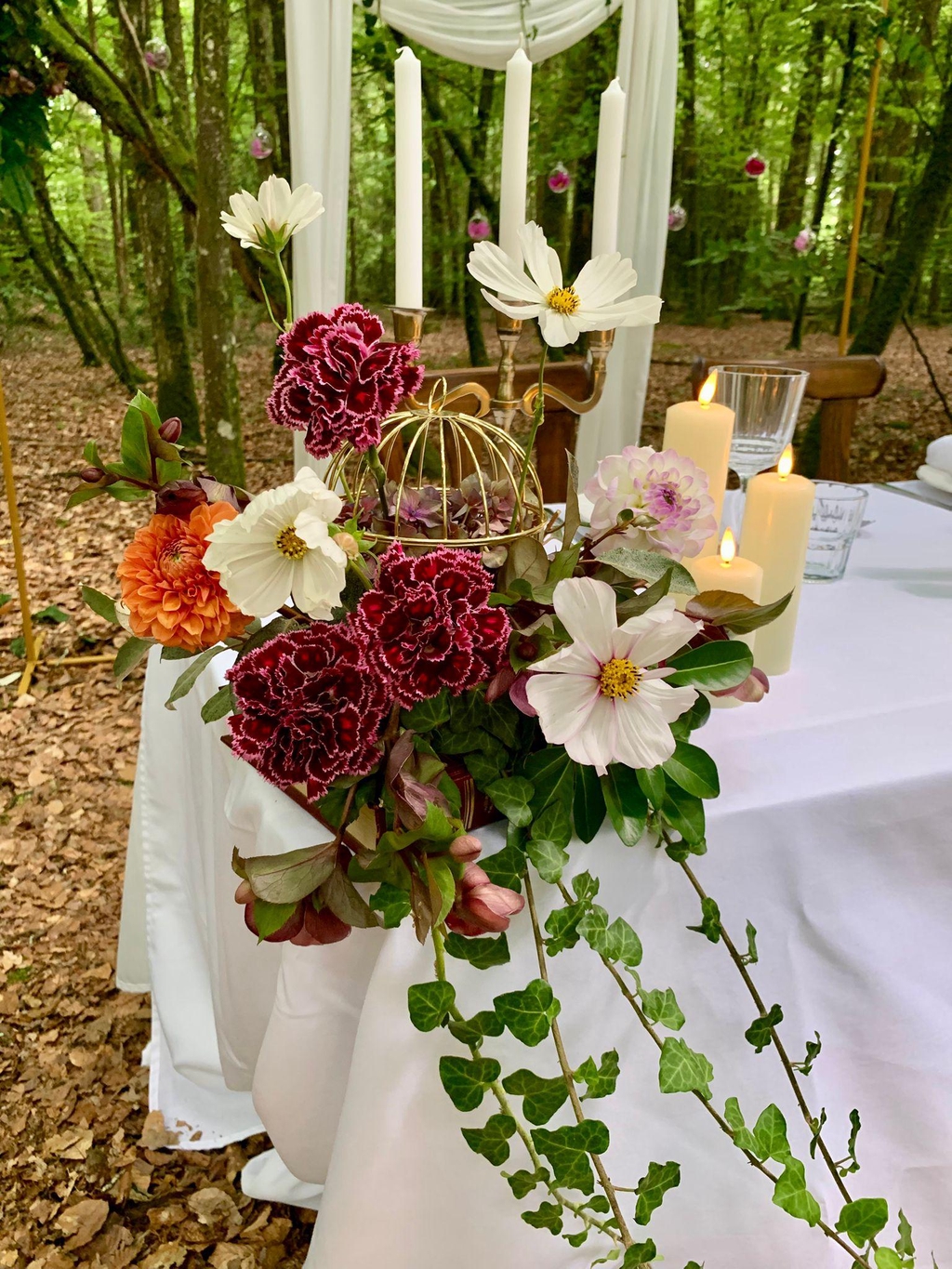Jaula décorative avec fleurs et arche florale – Cérémonie laïque en plein air Morbihan Bretagne